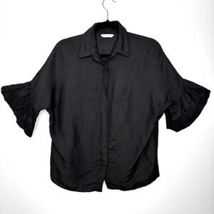 Recreo‎ San Miguel Linen Top Size XL Black Button Down Ruffle Short Sleeve